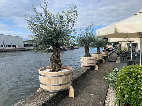 Maatwerk houten plantenkuipen voor Restaurant ’s Molenaarsbrug in Alphen aan den Rijn